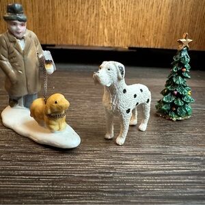 Lemax Christmas Village Figurine Ceramic Man Walking Dog Dalmatian tree